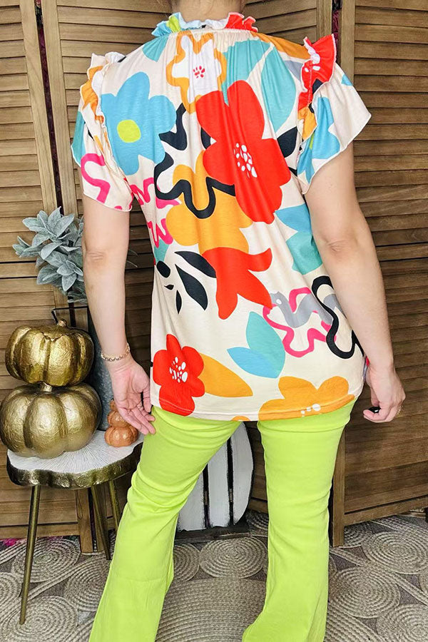 Ruffle neckline & short sleeve floral multi color printed women tops GJQ15078