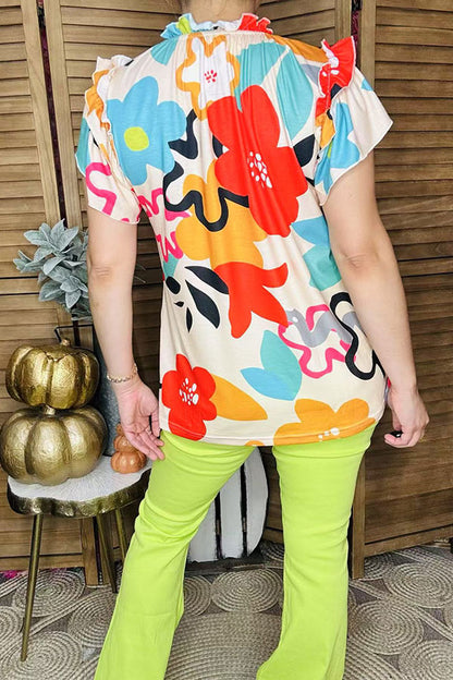 Ruffle neckline & short sleeve floral multi color printed women tops GJQ15078