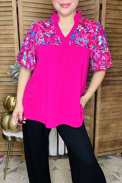 Fuchsia & floral printed color block lantern short sleeve women blouse XCH16245