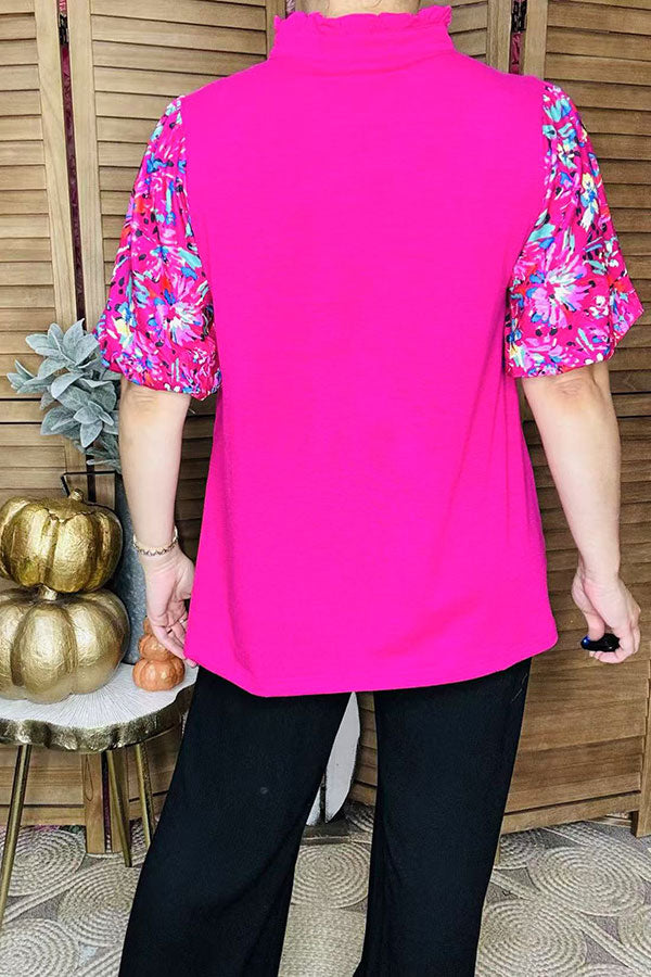 Fuchsia & floral printed color block lantern short sleeve women blouse XCH16245