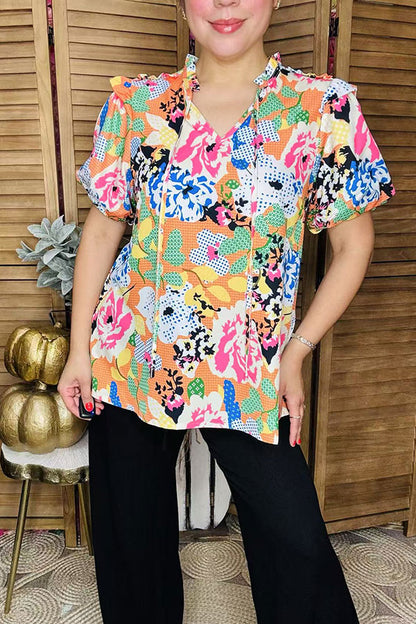 Multi color abstract printed short sleeve women blouse XCH15931