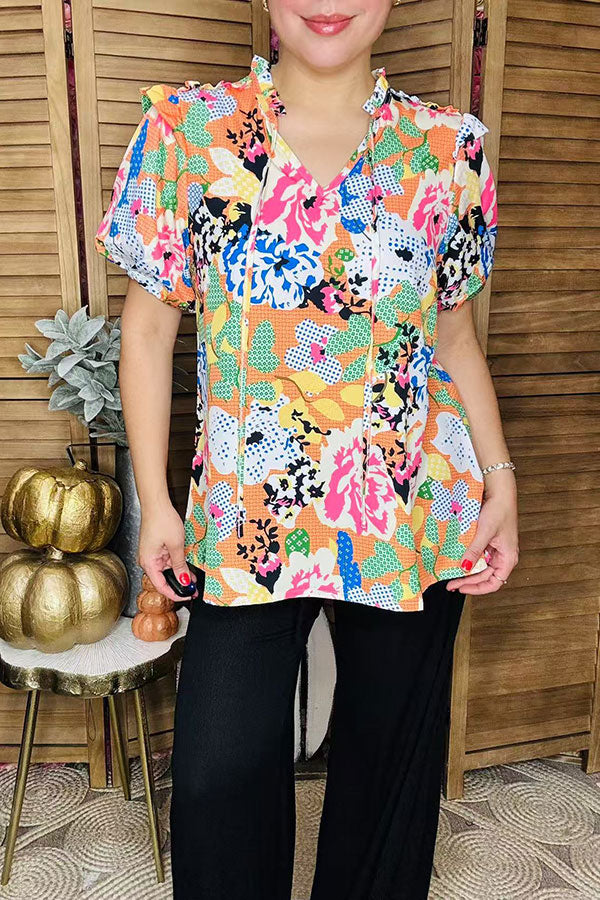 Multi color abstract printed short sleeve women blouse XCH15931