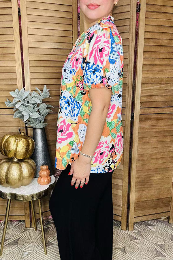 Multi color abstract printed short sleeve women blouse XCH15931