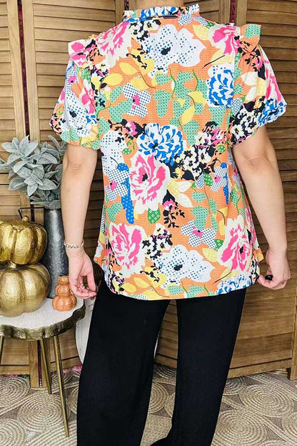 Multi color abstract printed short sleeve women blouse XCH15931