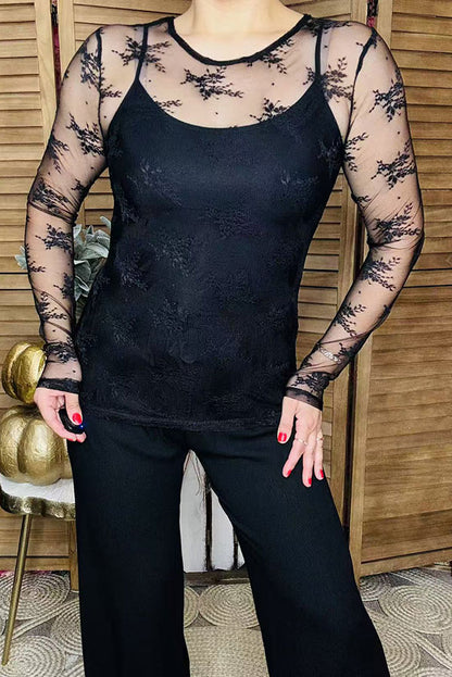 Sheer floral lace fabric long sleeve women's top BQ16182