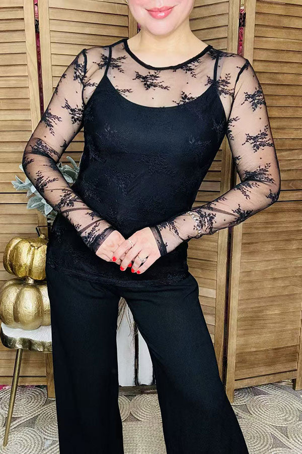 Sheer floral lace fabric long sleeve women's top BQ16182
