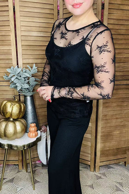Sheer floral lace fabric long sleeve women's top BQ16182