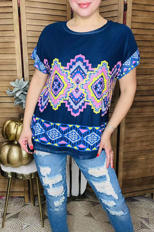 Multi color Aztec printed short sleeve women top XCH14673
