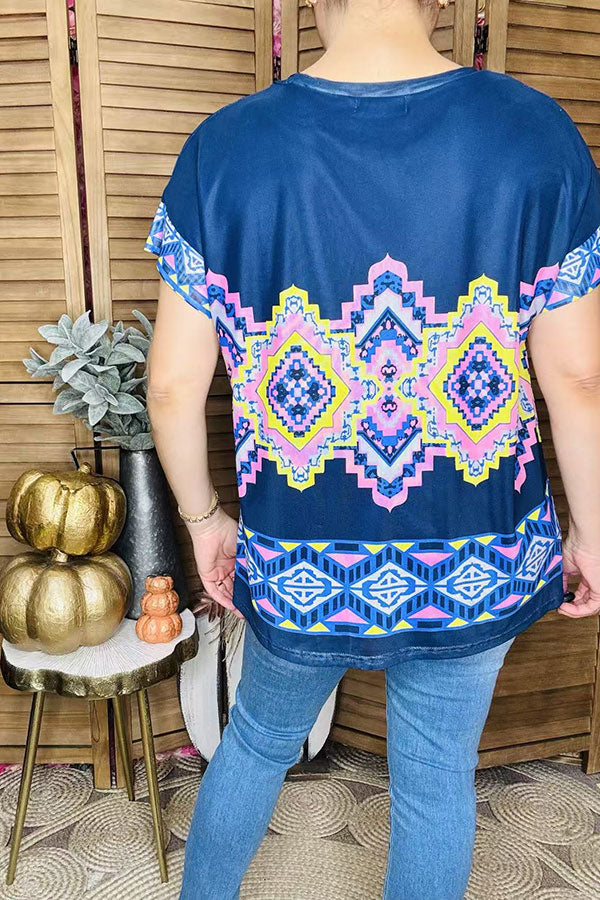 Multi color Aztec printed short sleeve women top XCH14673