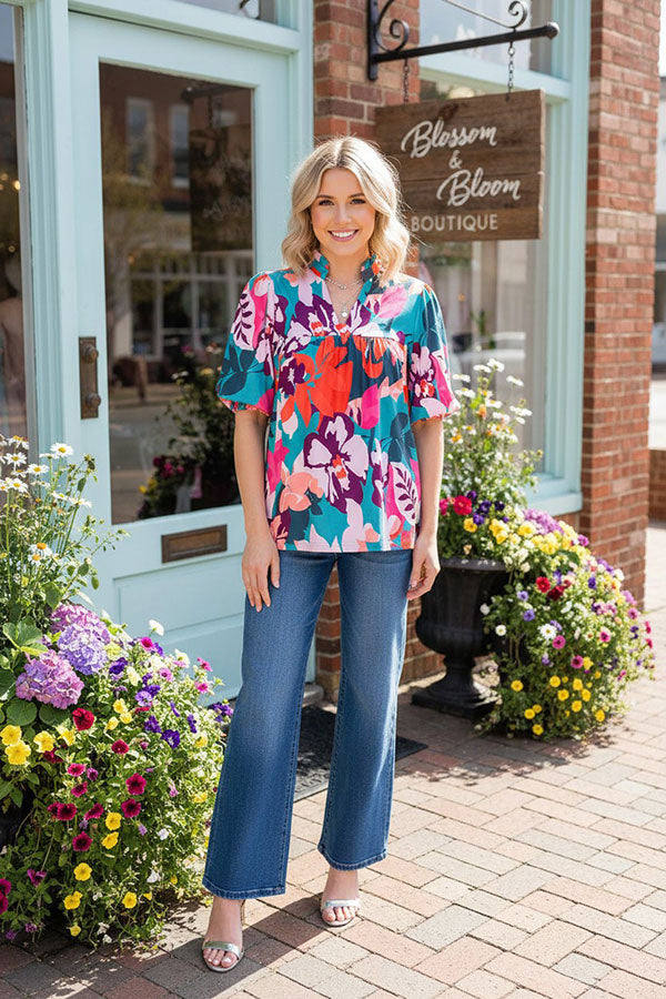 Rose red floral print v-neck lantern sleeve baby doll women blouse XCH16347