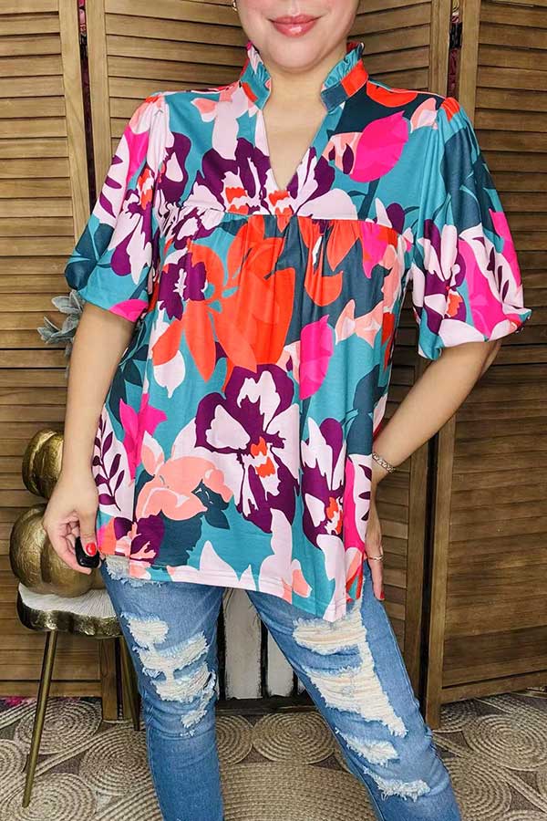 Rose red floral print v-neck lantern sleeve baby doll women blouse XCH16347