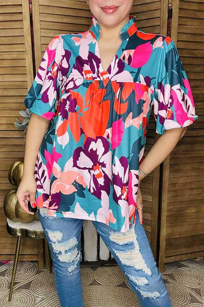 Rose red floral print v-neck lantern sleeve baby doll women blouse XCH16347