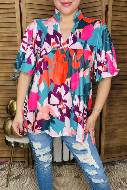 Rose red floral print v-neck lantern sleeve baby doll women blouse XCH16347