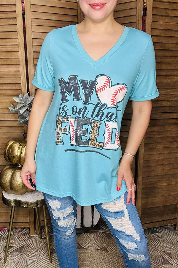"MY HEART IS ON THAT FIELD" Baseball & leopard printed turquoise t-shirt XCH13473