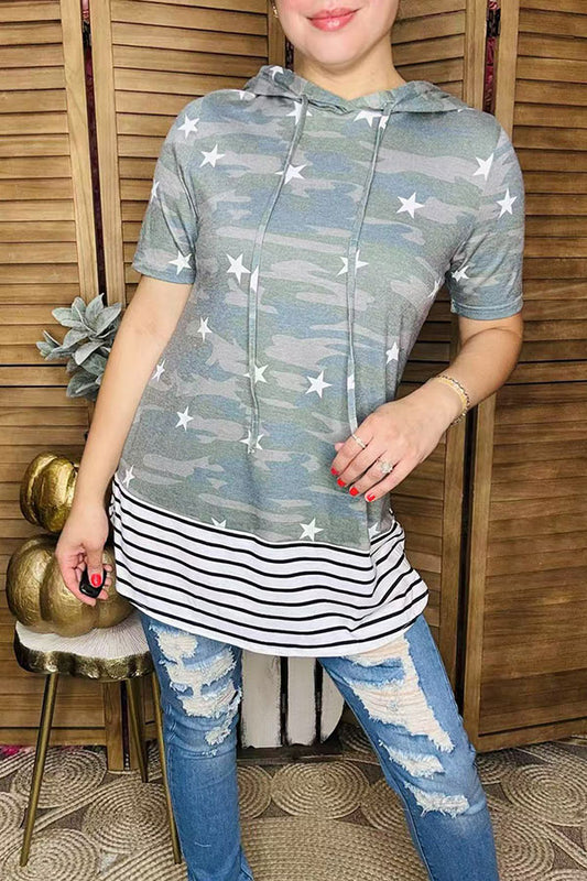 Star/striped printed short sleeve hoodie GJQ9755
