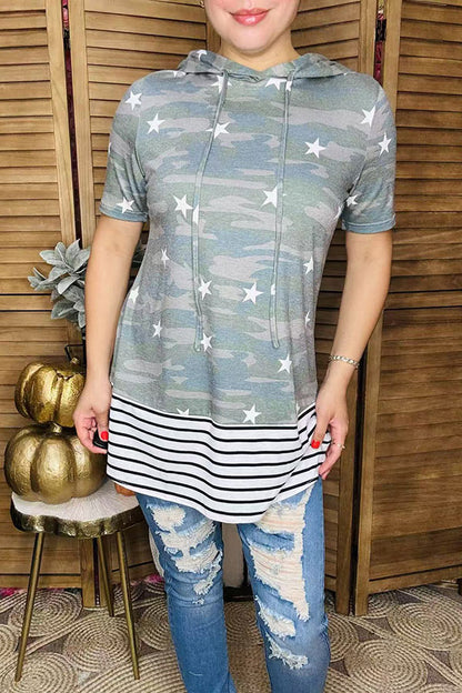 Star/striped printed short sleeve hoodie GJQ9755