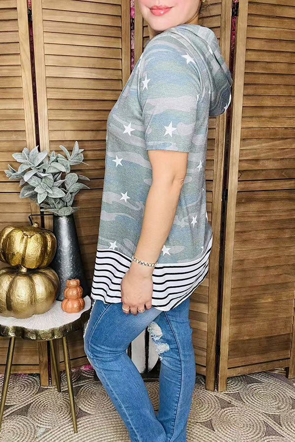 Star/striped printed short sleeve hoodie GJQ9755