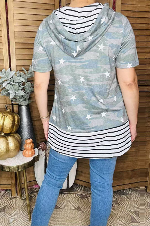 Star/striped printed short sleeve hoodie GJQ9755