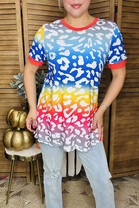 Multi color leopard printed short sleeve w/red trim women top BQ11766