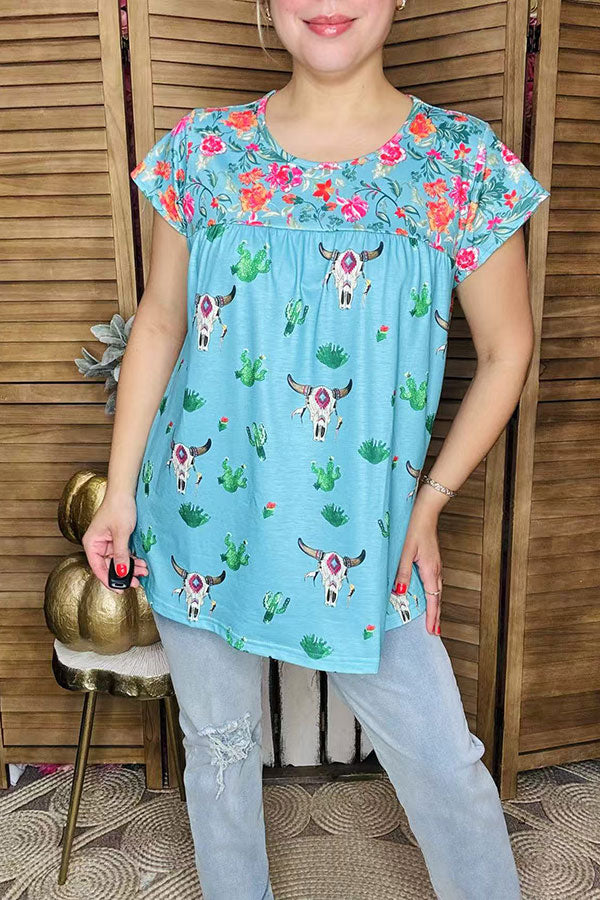 Floral & Bull & Cactus prints short sleeve women top XCH13661S
