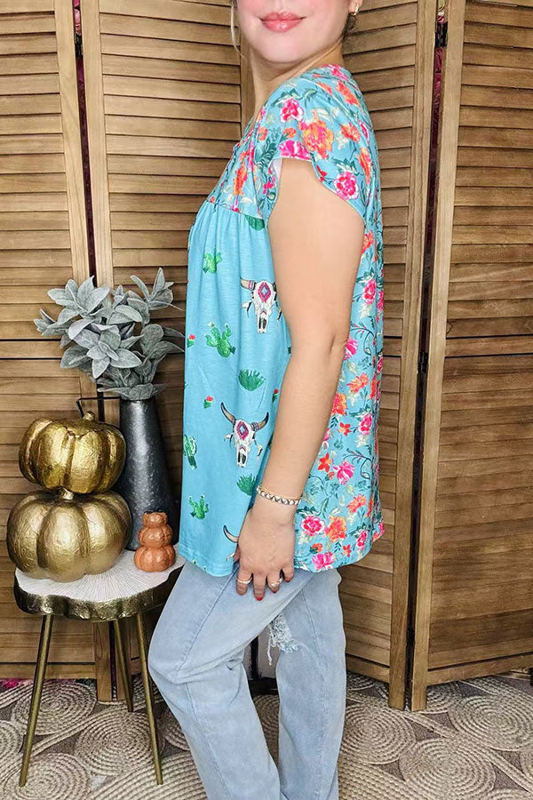 Floral & Bull & Cactus prints short sleeve women top XCH13661S