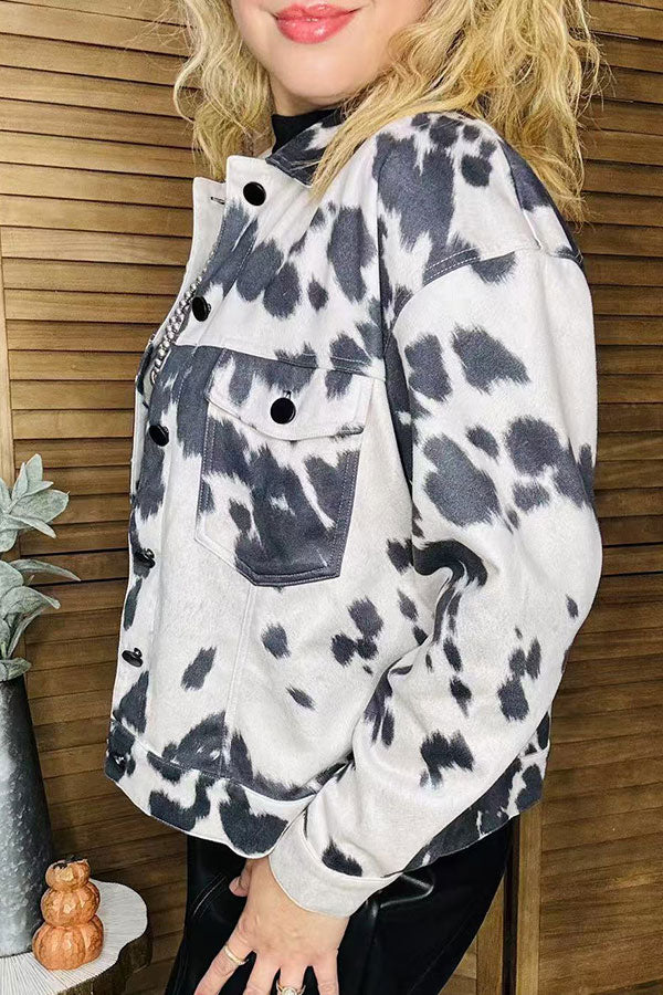 Cow printed suede long sleeve short style women jacket XCH16403