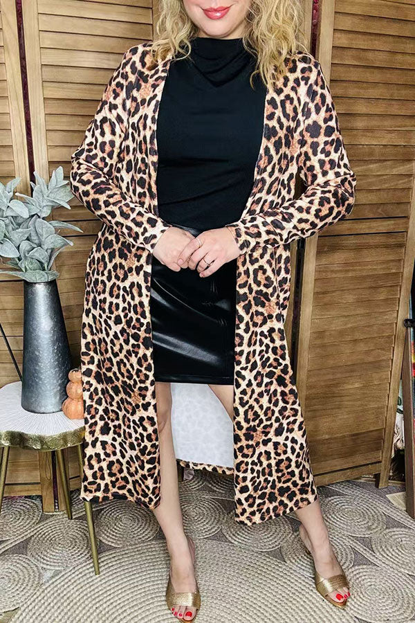 Tan/brown leopard printed long sleeve women cardigan XCH15614
