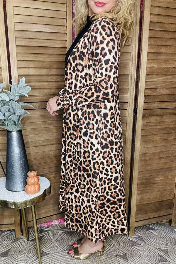 Tan/brown leopard printed long sleeve women cardigan XCH15614