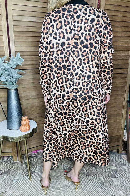 Tan/brown leopard printed long sleeve women cardigan XCH15614