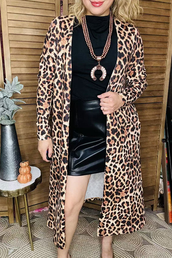 Tan/brown leopard printed long sleeve women cardigan XCH15614