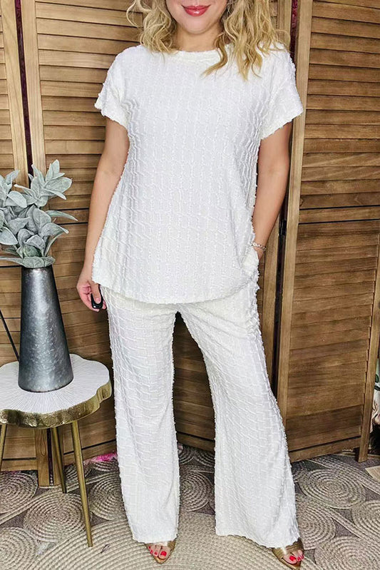 White textured short sleeve top & wide leg pant 2pc women sets XCH16517