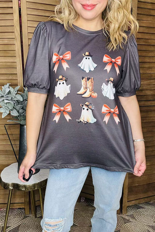 Western ghost & boot & bow dark grey latern short sleeve women top GJQ16379