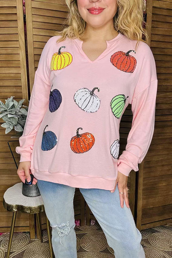 Western Halloween Sequin Pumpkin pink women's boutique top BQ16013