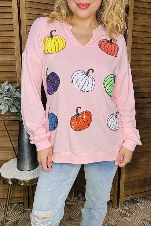 Western Halloween Sequin Pumpkin pink women's boutique top BQ16013