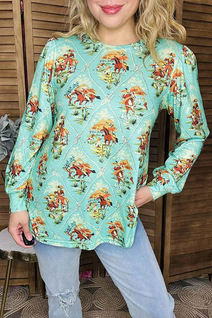 Western horse riding mint long sleeve women blouse GJQ16456