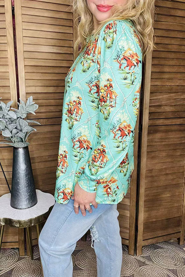 Western horse riding mint long sleeve women blouse GJQ16456