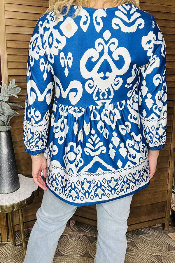 Western blue paisley printed baby doll women blouse GJQ16388