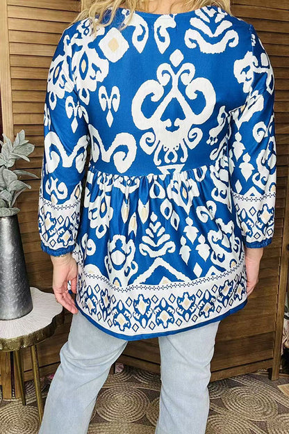 Western blue paisley printed baby doll women blouse GJQ16388