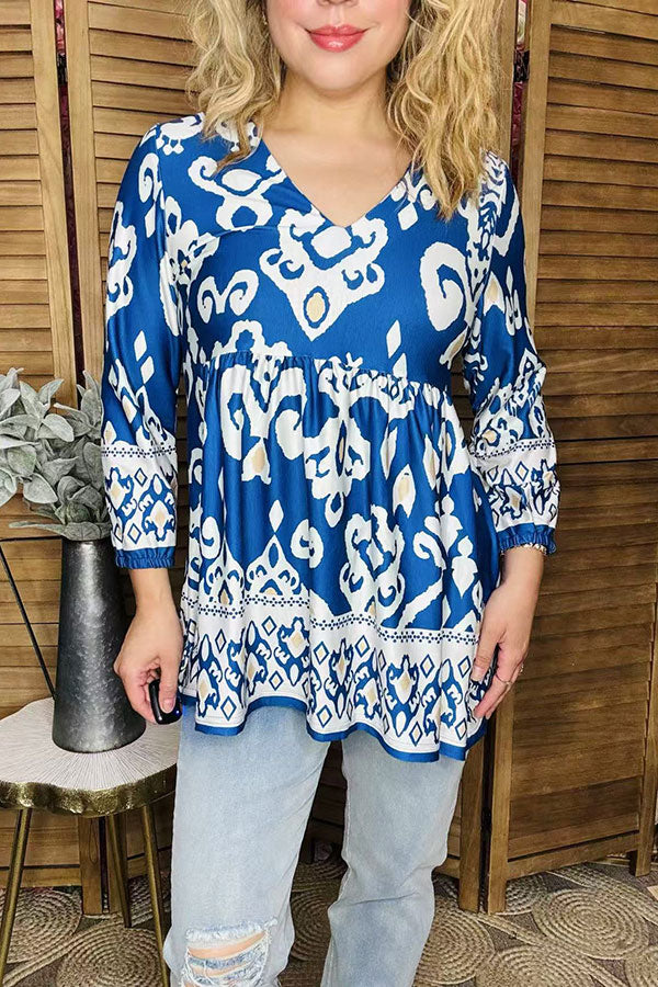 Western blue paisley printed baby doll women blouse GJQ16388