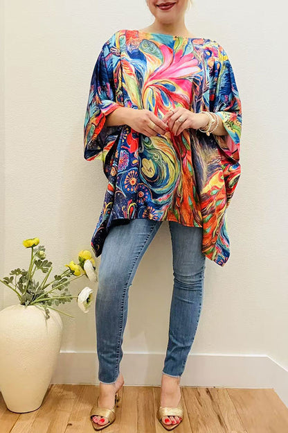 Multi color abstract painting satin casual blouse women's poncho XCH16210