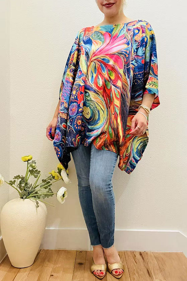 Multi color abstract painting satin casual blouse women's poncho XCH16210