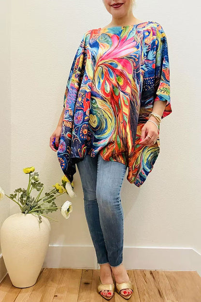 Multi color abstract painting satin casual blouse women's poncho XCH16210