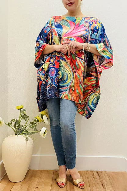 Multi color abstract painting satin casual blouse women's poncho XCH16210