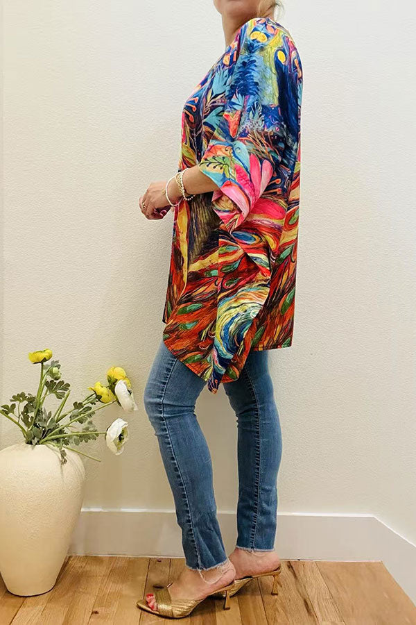 Multi color abstract painting satin casual blouse women's poncho XCH16210