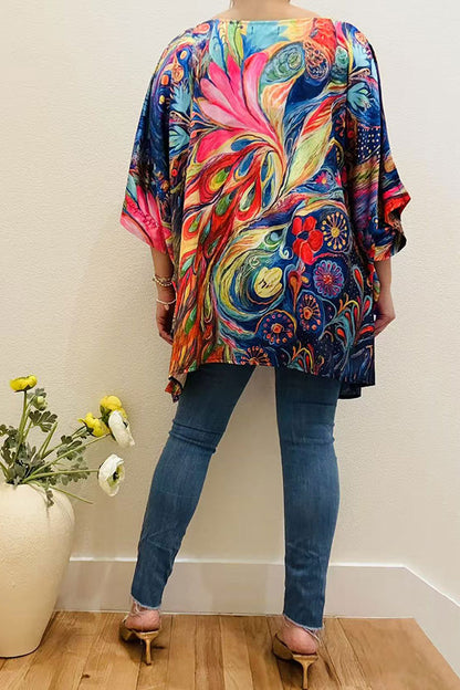 Multi color abstract painting satin casual blouse women's poncho XCH16210