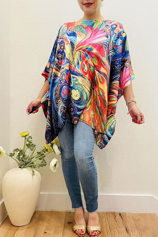 Multi color abstract painting satin casual blouse women's poncho XCH16210