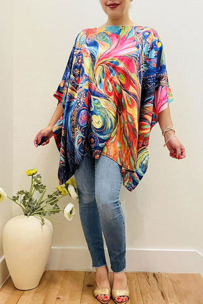 Multi color abstract painting satin casual blouse women's poncho XCH16210
