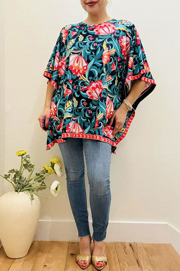 Multi color floral printed poncho casual loose women blouse GJQ16326