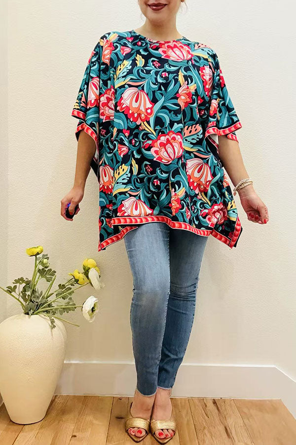 Multi color floral printed poncho casual loose women blouse GJQ16326