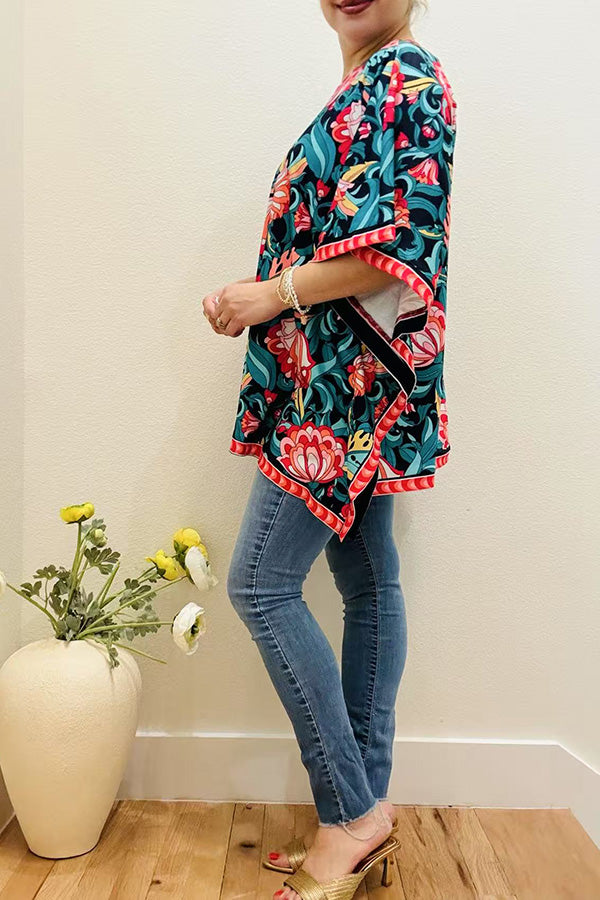 Multi color floral printed poncho casual loose women blouse GJQ16326